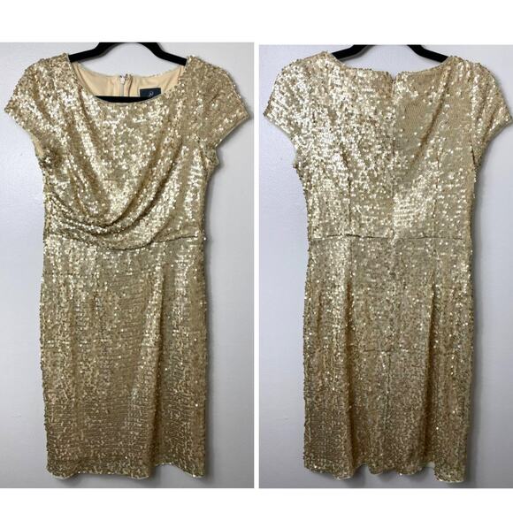 ADRIANNA PAPELL DRESS 4 SEQUIN GOLD MINI COCKTAIL MESH SHORT SLEEVE METALLIC - Picture 1 of 11